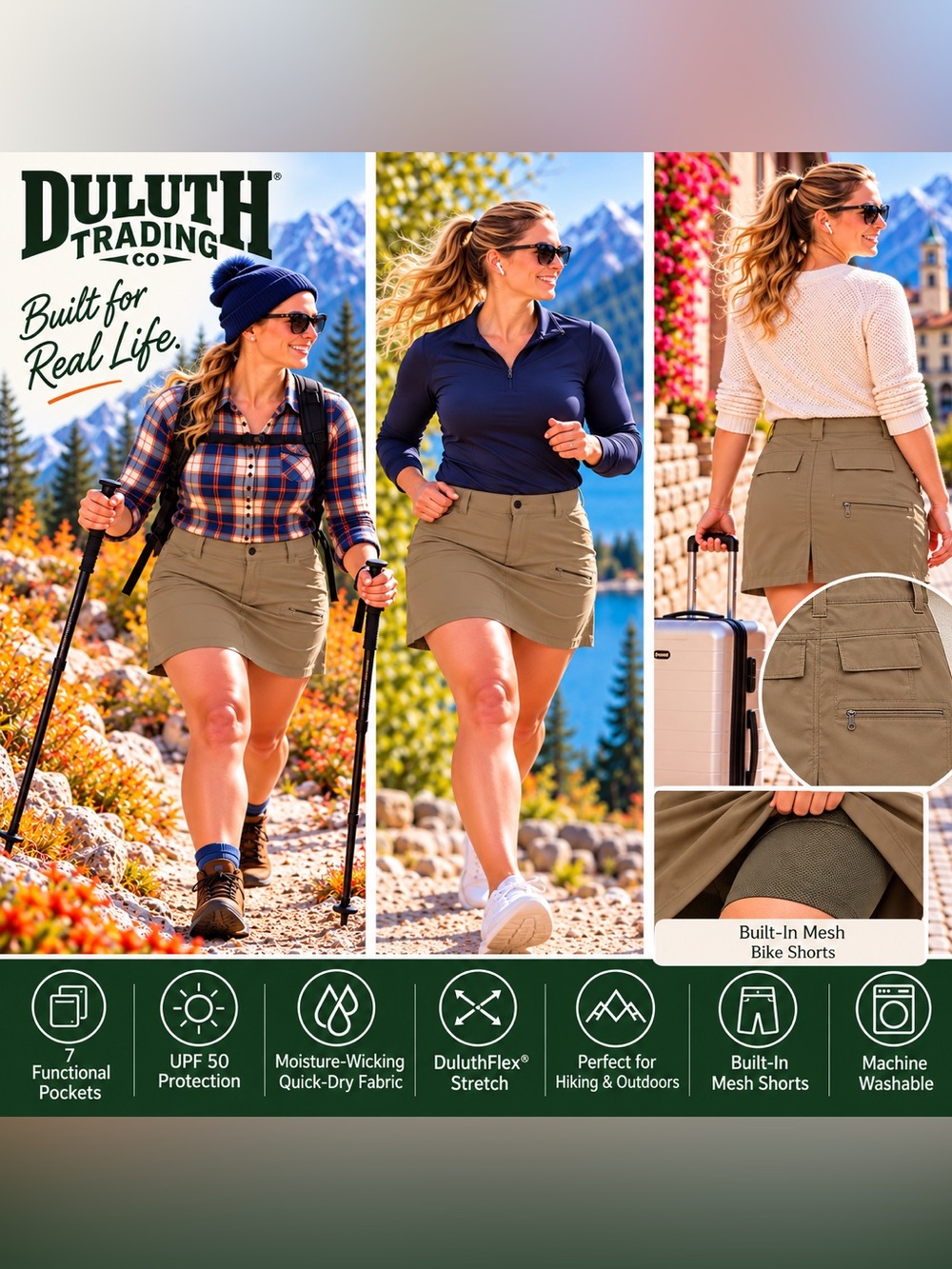 Duluth Trading Co Women’s Skort Khaki DuluthFlex UPF 50 Built-In Shorts Size:22